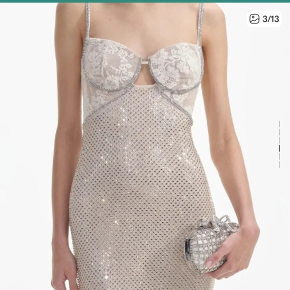 Self Portrait cream rhinestone mesh maxi dress elegant cocktail ethereal US 12 - Picture 4 of 16